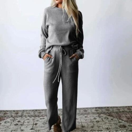2021 autumn and winter two-piece womens retro O-neck shirt pullover and wide-leg pants casual suit ladies long-sleeved suit5XL