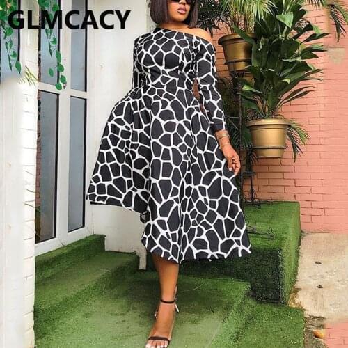 Women Long Sleeve Skew Neck Elegant Midi Dress