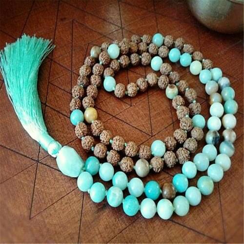8mm Amazonite 108 Beads Handmade Tassel Necklace Yoga Japa Classic Religious Mala Meditation Wristband Retro