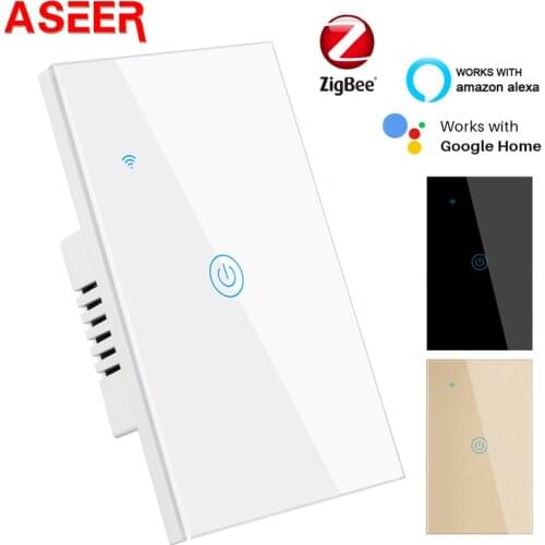 ASEER Tuya ZigBee Smart Home Wifi Wall Touch Switch 1 Gang US Standard,Tempered Glass Panel AC100-240V,Alexa,Echo dot ,Google