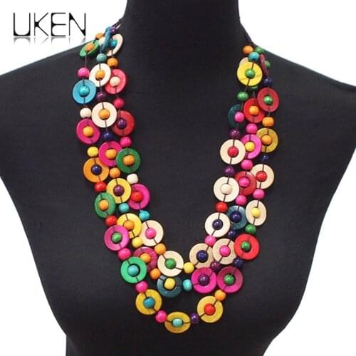Bohemian Handmade Wood Bead Choker Necklaces Women Ethnic Multi Layers Beaded Statement Necklace Beach Jewelry UKEN