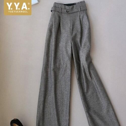 Women Fashion Wool Blend High Waist Wide Leg Trousers Elegant Office Lady Sashes Loose Pants Autumn Winter Streetwear Pants