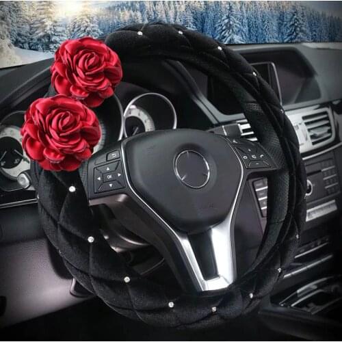 Red Rose Flower Car Seat Interior Accessories Steering Wheel Cover Auto Crystal Handbrake Shifter Cover Seat Belt Cover Women