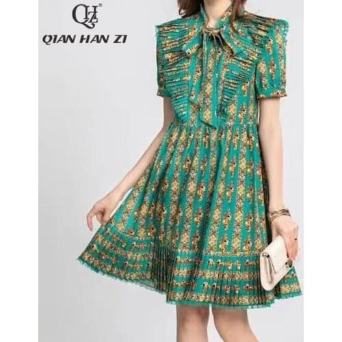 Qian Han Zi designer fashion summer dress Womens bow collar Pattern printing Lace pleated ruffle vintage Slim dress