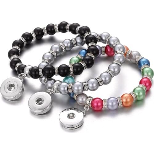 Handmade Snap Button Bracelet Elastic 10mm Imitation Pearls Beaded Snap Bracelet Fit DIY 18mm Snap Button Jewelry Beads Bracelet