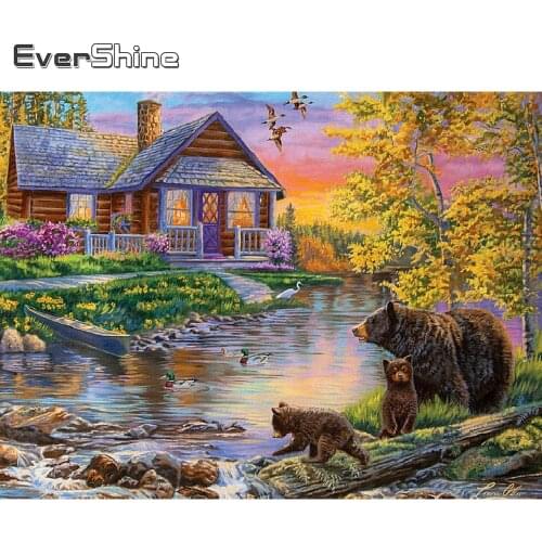 Evershine 5D DIY Diamond Painting House Rhinestone Picture Diamond Embroidery Scenery Diamond Mosaic Bear Wall Art Decorations