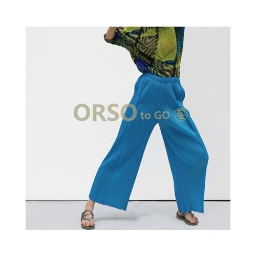 HOT SELLING Miyake fashion solid mid waist wide leg pants pleated pants IN STOCK
