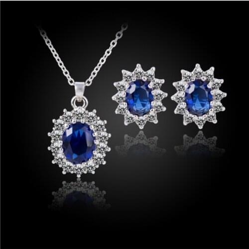 Queen Royal ocean blue gold austrian crystal rhinestones zircon pendant chain necklace earrings ring Jewelry sets