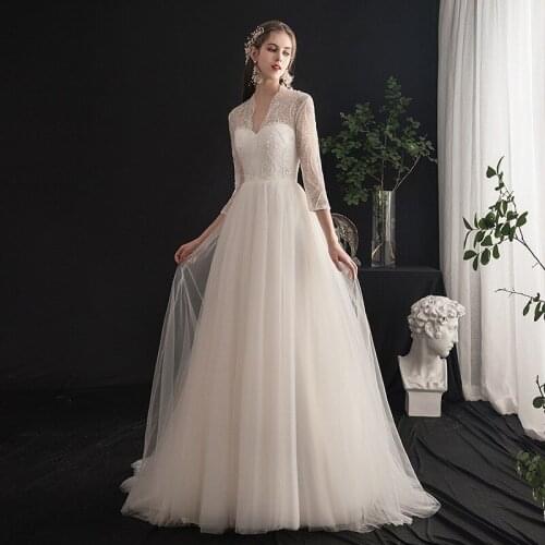 Beautiful Wedding Dress V Neck Pearls Tulle A-Line Gown with Illusion Half Sleeves Appliques Custom Bridal Dresses Robe De Marié