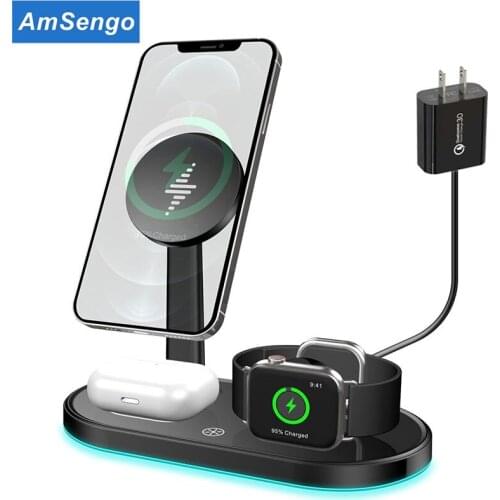 Amsengo 3 in 1 Magnetic Wireless Charger for Magnet iPhone 12 Pro Max Mini Chargers for Apple Watch 6 Airpods Pro Charging Dock