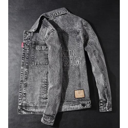 Spring/fall dark gray denim jacket for men with slim body letter-embroidered casual jacket vintage clothing of fashion brand