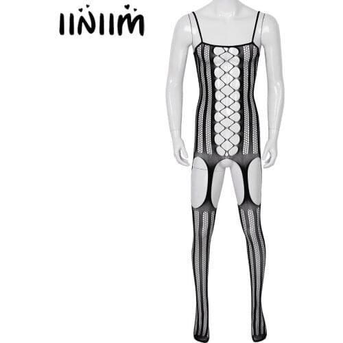 Mens See Through Teddies Sheer Hollow Out Open Crotch Sissy Nightwear Crotchless Stretchy Tights Full Body Pantyhose Stocking