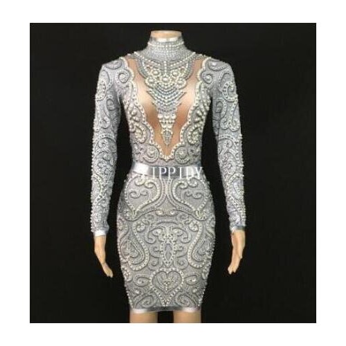 New Black Gray Rhinestones Pearls Long Sleeves Dress Sexy Spandex Women Singer Outfit Birthday Celebrate Evening Dress