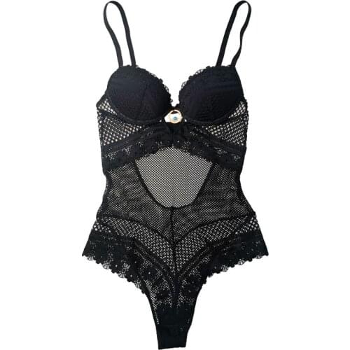 Solid Black Lace Hollow Out Open Crotch Underwire Sexy Womens Bodysuit Fashion Female Lingerie Gift SLA054