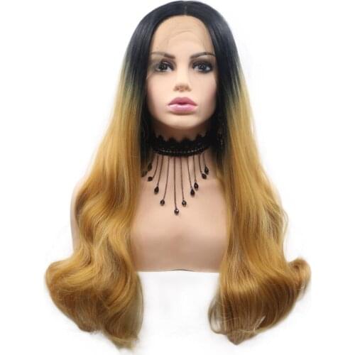 Ombre Brown Lace Front Wig Golden Color Wigs for Black Women Mermaid Make Up Synthetic Long Wigs with Baby Hair 24 Inch #1b/#27