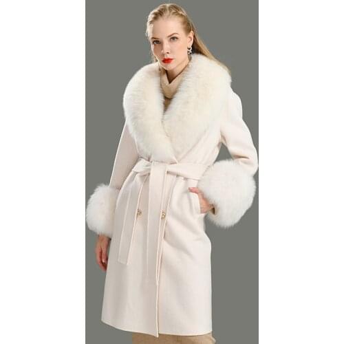 2020 Wool Coat Women Pied De Poule Natural Fox Fur Collar Cashmere Wool Blends Long Outerwear Ladies Streetwear