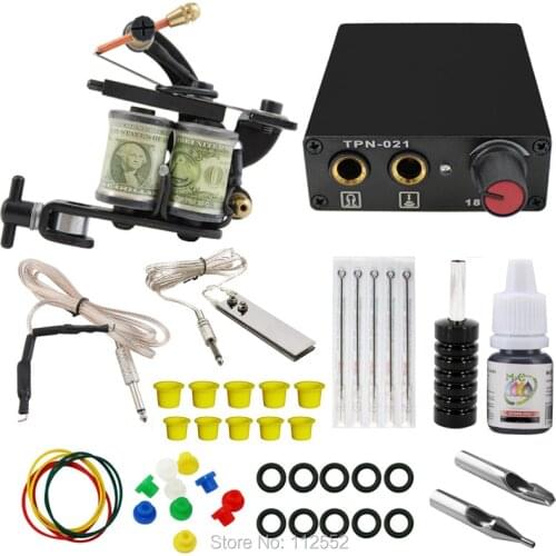 Complete Tattoo Kits 1 machine Gun Power Supply Needle Grips Tip Ink Beginner Set Black Pigment ink