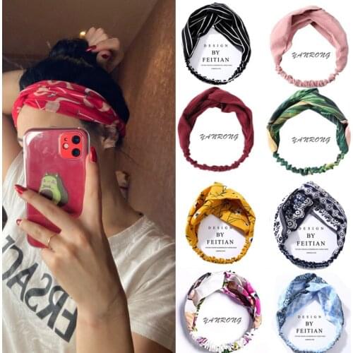 2PCS Summer cotton Headband Printing Hairband Women Turban Twist Cross Headwear Women Solid color Hair Accessories
