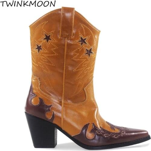 Cowboy Boots For Women Vintage Star Embroidery Genuine leather Womens Mid Calf Boots Color Matched Point Toe Winter Boots 2019