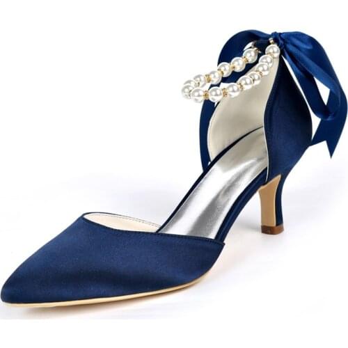 Kitten Heels Wedding Shoes for Bride Satin Pearls Pointed Toe Mid Heels Bridal Pumps Prom Evening Formal Party Dress Shoes