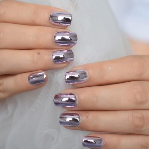 Light Purple Punk Style Metallic False Fake Nails Metal Plating Acrylic Short Reflective Mirror Press on Nail Art Tip Daily Wear