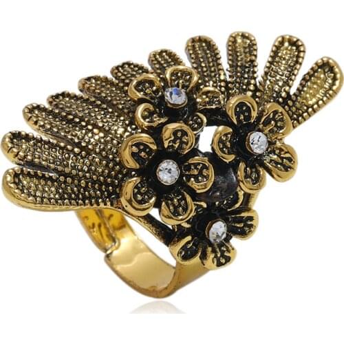 Vintage Turkish Gold Flower Rings For Women Boho Adjustable Rhinestone Flower Wedding Band Rings Female Afghan Indian Jewelry