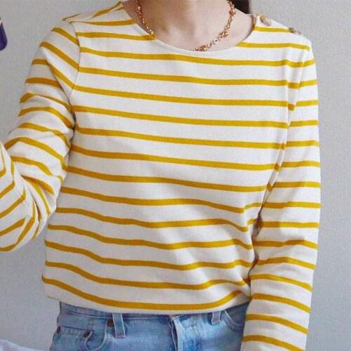 Chic Striped T-shirt Woman Autumn Elegant Clothes Long Sleeve Round Neck Cotton Tshirts Ladies 2021 Casual Vintage Tee Tops
