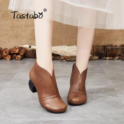 Tastabo manual Genuine Leather high heel womens boots Black brown Vintage texture S3655-3 Comfortable shoes Wear-resistant