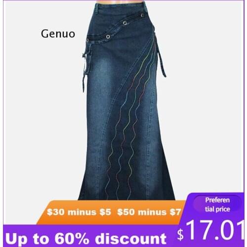 Womens Irregular Ruffles Denim Long Skirts Female High Waist Pocket Mermaid Big Hem Jean Skirt