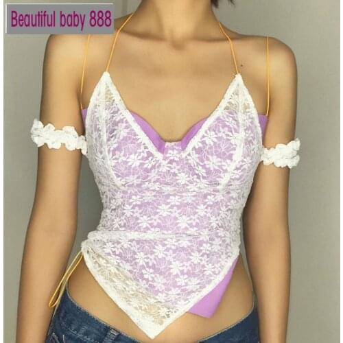 Meqeiss Sexy Backless Bandage Wild Camisole Women Sweet Casual Streetwear Chic Lace Patchwork Double Layer Irregular Crop Tops