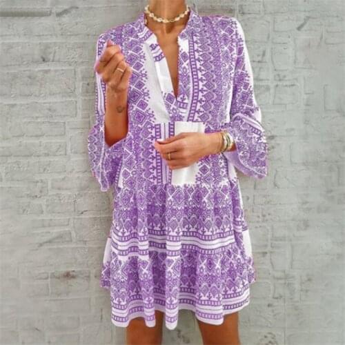 2021 Summer Women Vacation Casual Dress Bohemian Midi Dress Middle Age V Neck Wotwoy Long Sleeve Ruffles Printed Beach Dress