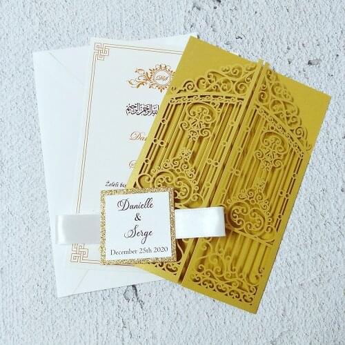 50X Gold Shiny Wedding Invitation With Personalized Printing And Glittery Tag DIY Laser Cut Cards For Quinceanera Party