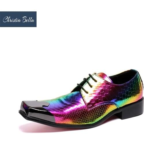 Christia Bella Shiny Laser Patent Leather Men Dress Shoes Fashion Square Toe Party Oxford Shoes Man Lace Up Dress Shoes Big Size