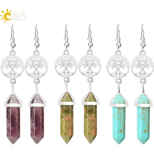 CSJA New Tree of Life Earrings Natural Stone Drop Earrings for Girl Hexagonal Lapis Lazuli Purple Crystal Unakite Jewelry G667