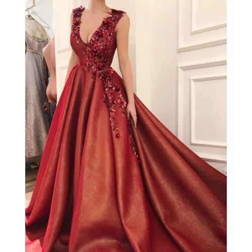 Wine Red Glitter Flowers Prom Dresses 2021 V Neck Sleeveless Formal Evening Party Ball Gown Dress Robe De Soiree