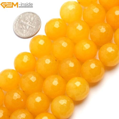 Gem-inside 4mm-16mm Natural Round Faceted Yellow Jades Stone Strand 15" DIY Beads For Jewelry Making Valentine Gift