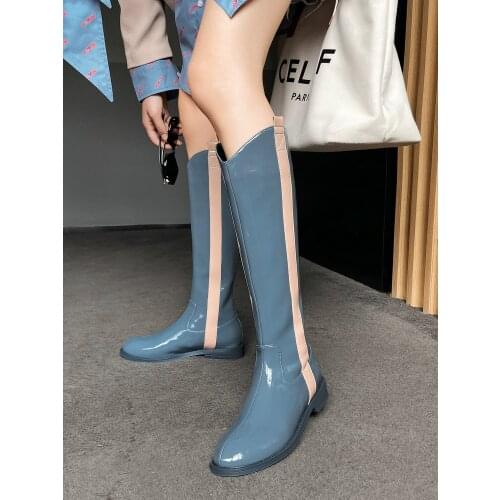 EshtonShero Size 3-9 Med Heel Platform Boots Women Shoes Spring Winter Fashion Round Toe Zipper Leather Boots Ladies Shoes Blue