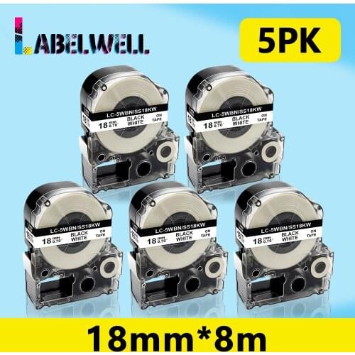 Labelwell 5PK SS18KW LC-5WBN 18mm Black on White label cassette compatible for Epson Kingjim LW-400 LW-600P LW-1000P label Maker