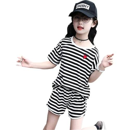 2018 Summer Girls Clothing Sets Teenage Kids Clothes 100% Cotton Striped T-shirt & Short 2Pcs Suit For 4 6 8 10 12 14 Years