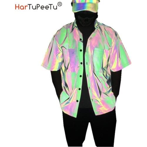 Summer Men Reflective Blouse Boys Evening Party Wear Hip Hop Dance Tops Street Fashion Hiking Cycling Running Safety Shirt
