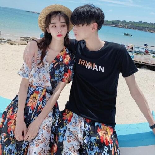 Summer Couples Beach Wear Holiday Style Contrast Stitching Womens Chiffon Dress Mens Short Sleeve T-Shirt Shorts Lover Set