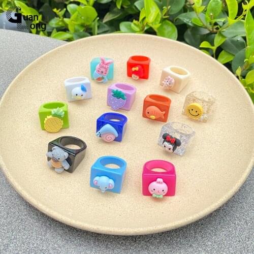 GuanLong Animal Cute Punk Rings for Teen Girls Fashion Jewelry Minimalist Colorful Resin Vintage Finger Rings for Women Gifts