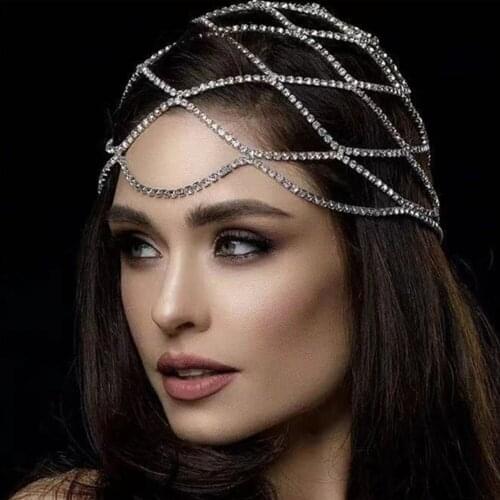 Stonefans Multi-layer Mesh Bridal Headband Full Rhinestone Head Chain Hollow Hair Accessories Crystal Headpiece Cap Hat Jewelry