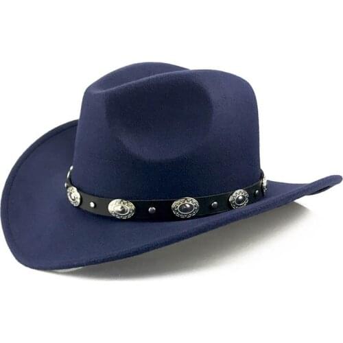 Hot Vintage Fashion Men Silver Belt Cowboy Hats Women Felt Bowler Boat Brim Fedoras Hat for Party