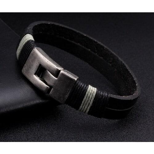 Black Vintage Braided Leather Charm Cuff Bracelets Men Male Sporty Bangles Simple Diy Chain Link Bracelets Pulsera