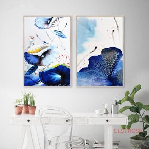 New Chinese Blue Ink Lotus Flower Bird Painting Modular Canvas Art Wall Pictures For Living Room Modern Home Decoration No Frame