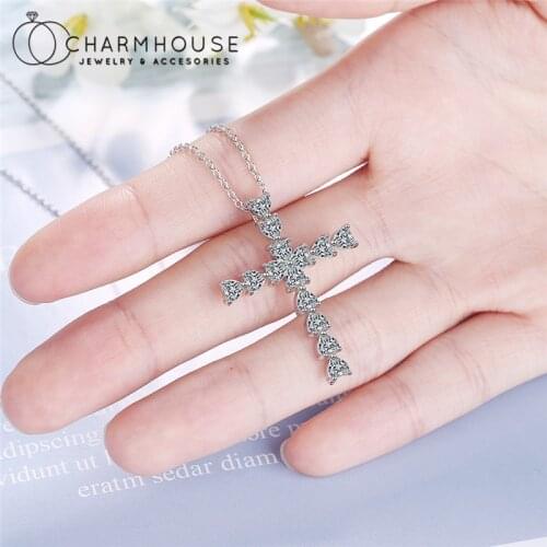 S925 Silver Cross Necklaces For Women Heart Zirconia Pendant & Necklace Collier Femme Wedding Bridal Jewelry Accesories Gifts