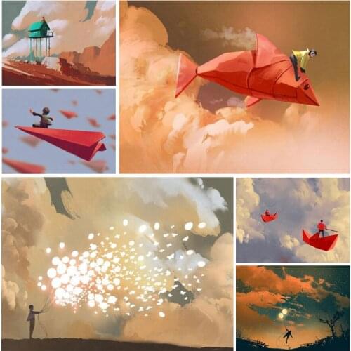 Landscape Fairy Tale Paper Plane 5D Diy Full Square and Round Diamond Painting Embroidery Cross Stitch Kits Wall Art Home Decor