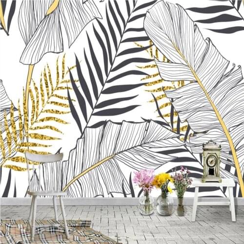 Custom 3D Nordic Hand-painted Black and White Banana Leaf Background Wallpaper Mural