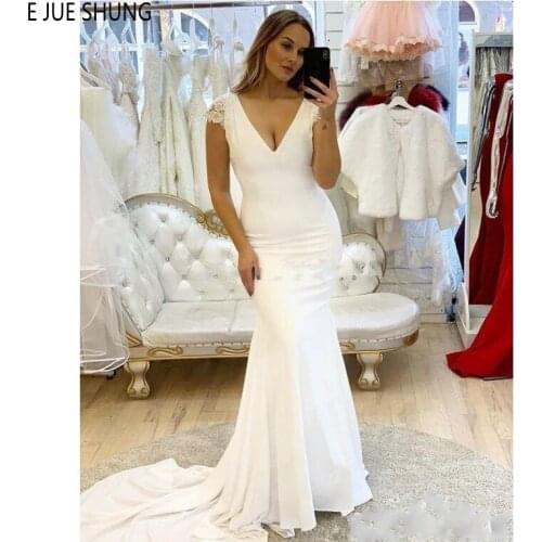 E JUE SHUNG Simple Beach Mermaid Wedding Dresses Deep V Neck Lace Cap Sleeve Hollow Back Long Train Bridal Gowns robe de mariee